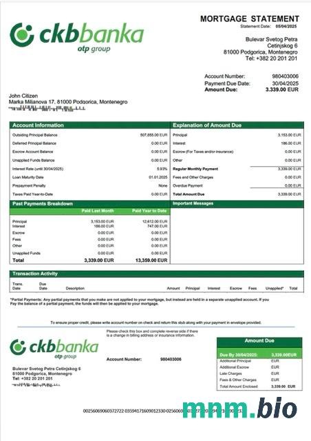 Czarnogóra Crnogorska komercijalna banka wyciąg z kredytu hipotecznego szablon Word i PDF